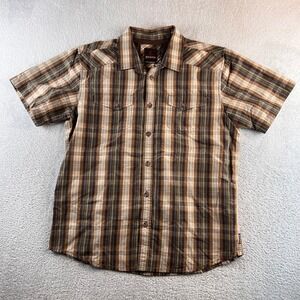 Prana Mens XL Brown Plaid Short Sleeve Button Down Shirt Outdoor Casual Western